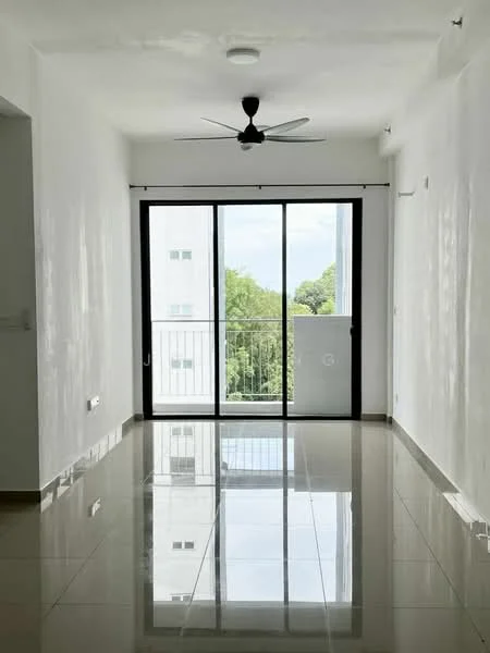 Living features: white painted walls, glossy ceramic tile flooring, 5-blade ceiling fan with light, floor-to-ceiling sliding glass door, balcony access, natural light from windows, neutral color scheme, open layout; style: modern; view: garden.