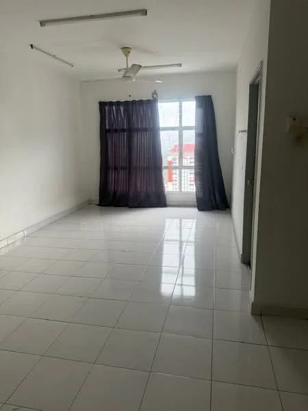 Living features: white painted walls, glossy white tile flooring, 5-blade ceiling fan, floor-to-ceiling windows, blackout curtains, natural light from window, neutral decor, open layout; style: modern; view: city.
