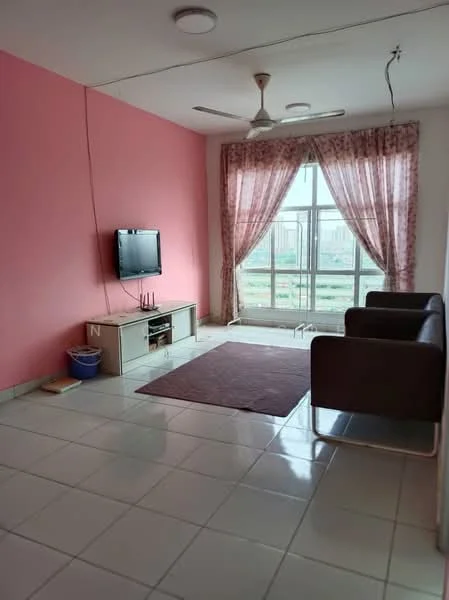 Living features: pink painted walls, white tiled flooring, 5-blade ceiling fan, wall-mounted TV, TV console, two brown leather armchairs, area rug in maroon, floor-to-ceiling windows with sheer curtains, curtains with floral pattern, view of city skyline; style: modern; view: city.