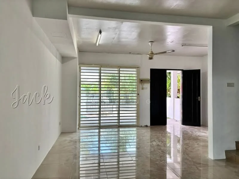Living features: white painted walls, polished marble flooring, ceiling fan, sliding glass door, window with horizontal slats, natural light from outside, open layout, no visible furniture; style: modern; view: garden.