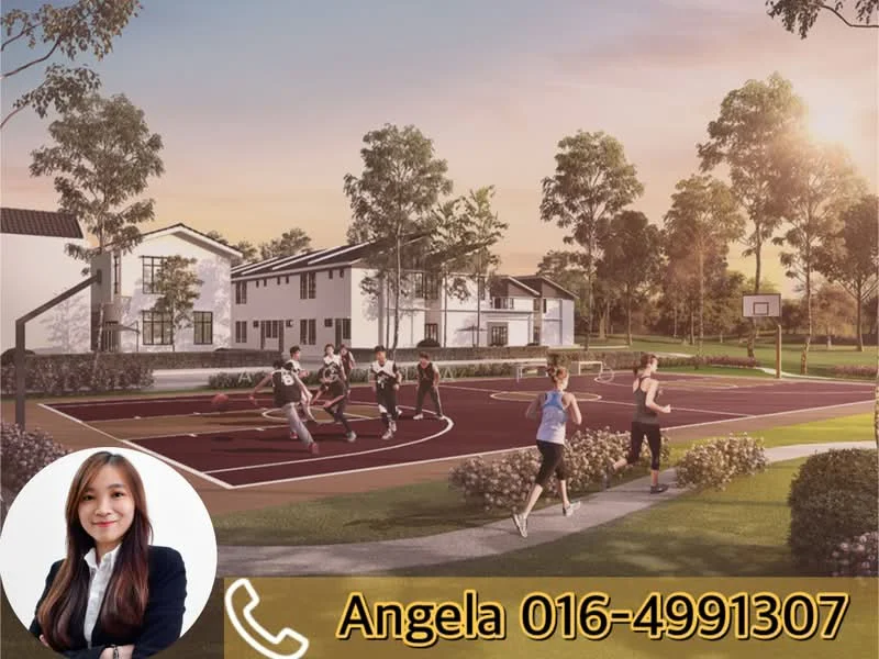 Exterior type: townhouse; features: basketball court, manicured lawn, mature trees, outdoor seating area, landscape garden, two-storey townhouses, paved walkway, surrounding greenery; style: modern.