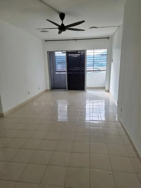 Living features: white painted walls, glossy ceramic tile flooring, 5-blade ceiling fan, floor-to-ceiling windows, sliding glass door, natural light from windows, neutral color scheme, no visible furniture; style: modern.