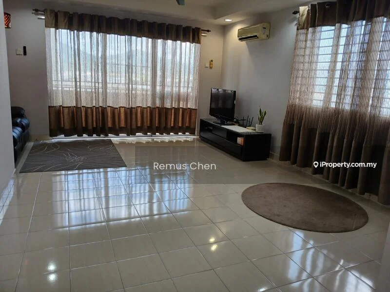 Living features: 3-seater leather sofa in black, coffee table, TV console, wall-mounted TV, area rug with circular shape, floor-to-ceiling windows, sheer curtains, blackout curtains, 1 wall-mounted split AC, polished ceramic tile flooring, decorative plant in pot, recessed downlights, light-coloured walls; style: modern; view: city.
