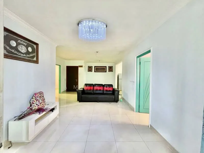 Living features: white painted walls, glossy tile flooring, chandelier with crystals, black leather sofa, white TV console, decorative wall art, green doors, natural light from windows; style: modern.