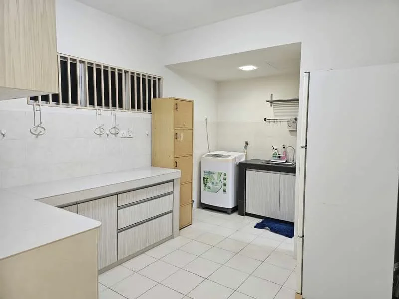 Kitchen features: white cabinetry with wood accents, light-colored countertop, double-basin stainless-steel sink, chrome pull-down faucet, built-in washing machine, freestanding refrigerator, tile backsplash, white tiled flooring, wall-mounted shelving, window for natural light, laundry area, grey cabinetry, blue bath mat; style: modern.