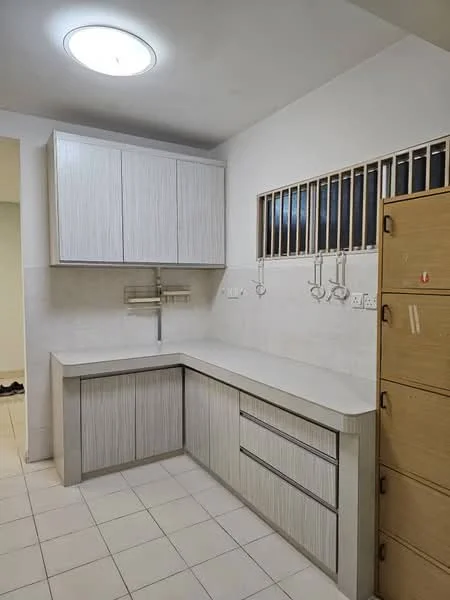 Kitchen features: light-colored cabinetry with vertical grain pattern, white countertop, single-bowl stainless-steel sink, chrome faucet, tile backsplash, built-in storage cabinets, drawer storage, wall-mounted hooks, window with wooden grille, white tiled flooring, ceiling light fixture; style: modern.