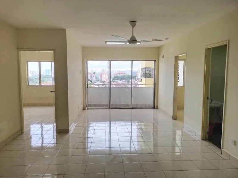 Living features: white painted walls, glossy ceramic tile flooring, 5-blade ceiling fan, floor-to-ceiling windows, sliding glass door, city view, neutral color scheme, natural light; style: modern; view: city. Room features: white painted walls, glossy ceramic tile flooring, doorway leading to another room, doorway leading to bathroom, natural light.