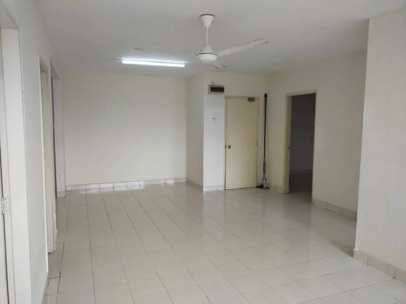 Room features: white painted walls, glossy ceramic tile flooring, ceiling fan, flush ceiling lights, door leading to another room, door leading to the exterior, neutral color scheme, no visible furniture; style: minimalist.