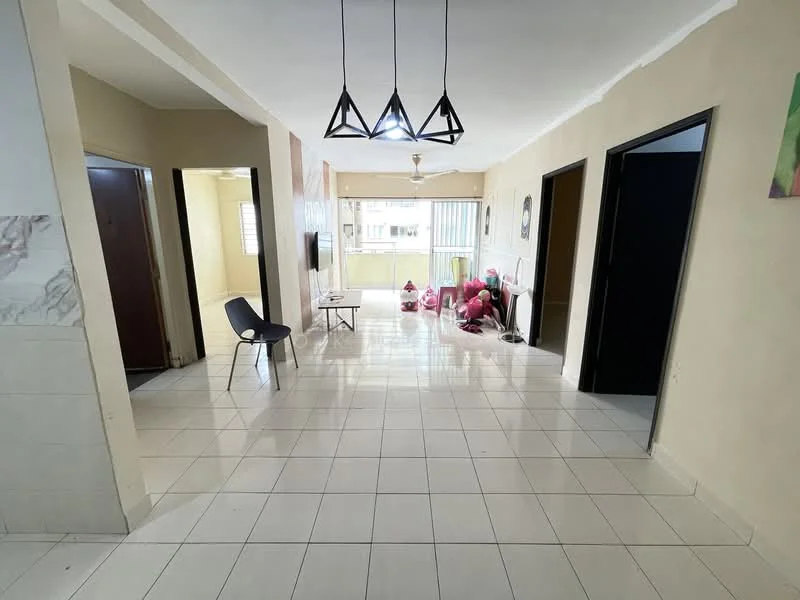 Room features: white painted walls, tile flooring, ceiling light fixture, large windows, open layout, neutral color scheme, furniture pieces visible, decorative wall art; style: modern; view: city.