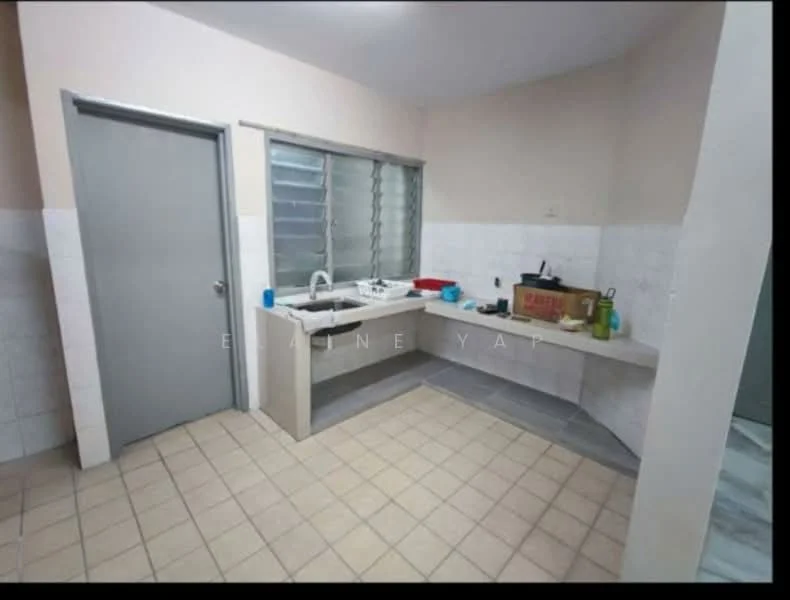 Kitchen features: single-bowl stainless-steel sink, chrome pull-down faucet, laminate countertop, white tiled backsplash, cream painted walls, grey floor tiles, built-in cabinetry, window with metal grilles, open shelving, kitchen appliances on countertop.