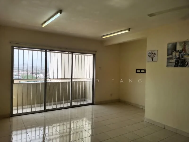 Room features: white painted walls, tile flooring, sliding glass door, balcony view, fluorescent ceiling lights, window with metal grille, neutral color scheme, open layout; style: modern; view: city.