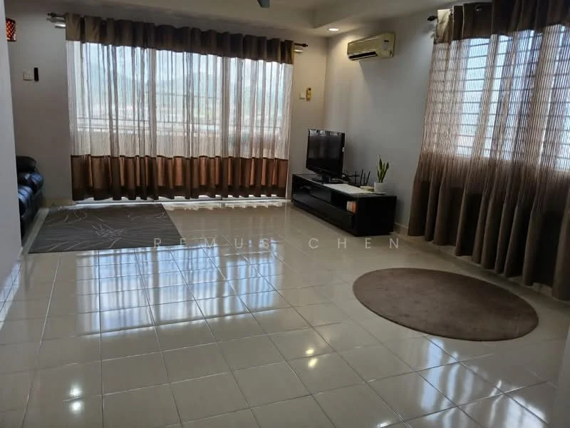 Living features: floor-to-ceiling windows, sheer curtains, blackout curtains, 3-seater leather sofa, TV console, wall-mounted TV, area rug with geometric pattern, round rug, recessed downlights, wall-mounted split AC, glossy tile flooring, decorative plant; style: modern; view: city.