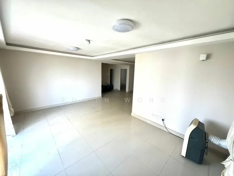 Room features: white painted walls, cream tiled flooring, recessed ceiling lights, two ceiling lights, large windows with sheer curtains, open layout, neutral color scheme, no visible furniture; style: modern.