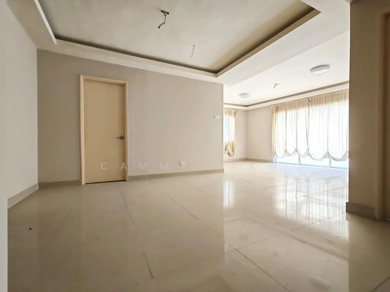 Living features: cream painted walls, marble tile flooring, tray ceiling, recessed downlights, floor-to-ceiling windows, sheer curtains, neutral color palette, door leading to another room; style: modern.