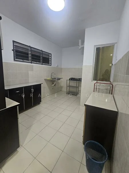 Kitchen features: white painted walls, light grey tiled flooring, single-bowl stainless-steel sink, chrome faucet, kitchen cabinetry in dark wood, countertop in light colour, window with horizontal slats, open shelving, metal utility cart, waste bin; style: modern.