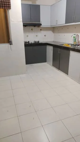 Kitchen features: grey upper cabinets, white lower cabinets, black granite countertop, double-bowl stainless-steel sink, chrome pull-down faucet, 2-burner gas hob, wall-mounted range hood, white tiled backsplash, white tiled flooring, window with brown checkered curtain; style: modern.
