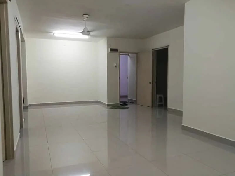 Room features: white painted walls, polished ceramic tile flooring, ceiling fan, door leading to another room, door leading to hallway, light fixture on ceiling, green mat on floor, neutral color scheme; style: modern.