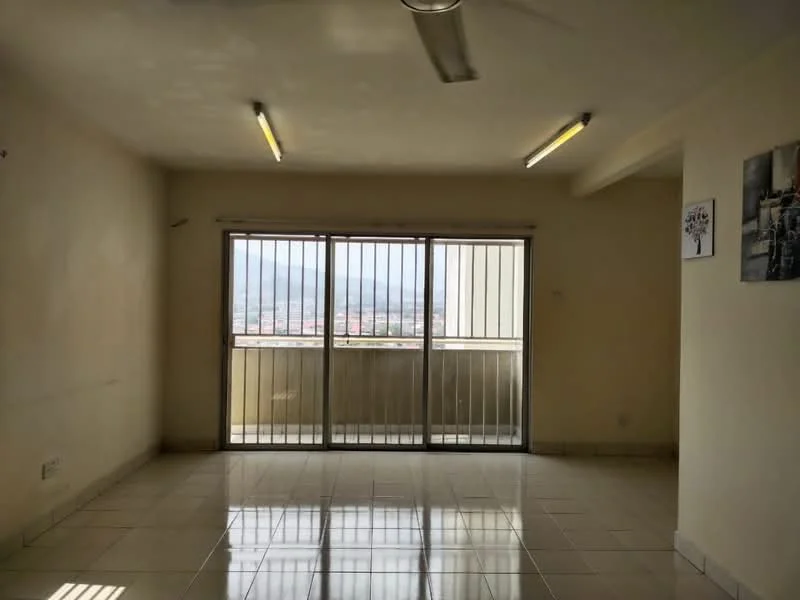 Living features: white painted walls, tile flooring, sliding glass door, floor-to-ceiling windows, 2 ceiling lights, mountain view, window grills; view: mountain.