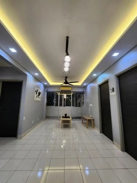 Room features: white painted walls, polished ceramic tile flooring, tray ceiling with LED strip lighting, 5-blade ceiling fan with light, recessed downlights, sliding glass door, wooden bench, decorative wall art; style: modern.