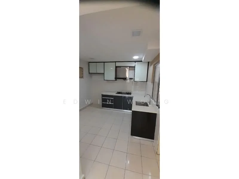 Kitchen features: white cabinets with glass fronts, black lower cabinets, stainless-steel sink, chrome pull-down faucet, built-in gas stove, exhaust hood, white tiled backsplash, white tiled flooring, recessed lighting, window for natural light; style: modern.