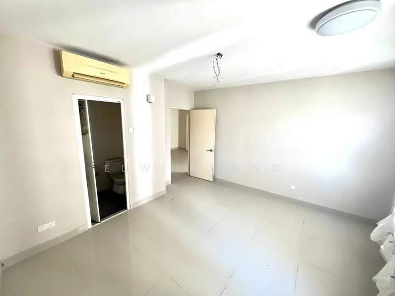 Room features: light grey painted walls, white ceiling, tile flooring, 1 wall-mounted split AC, door leading to bathroom, door leading to another room, ceiling light fixture, no visible furniture; style: minimalist.