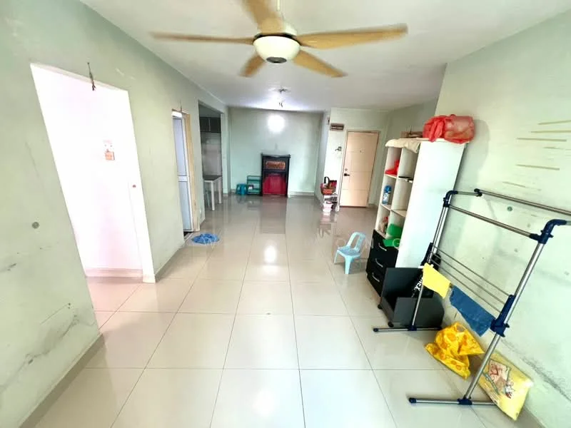 Room features: light green painted walls, glossy white tile flooring, ceiling fan, recessed lighting, open layout, shelving unit, clothes drying rack, plastic chairs, fireplace, doorway leading to another room, door leading to the exterior, decorative items on shelves; style: modern.