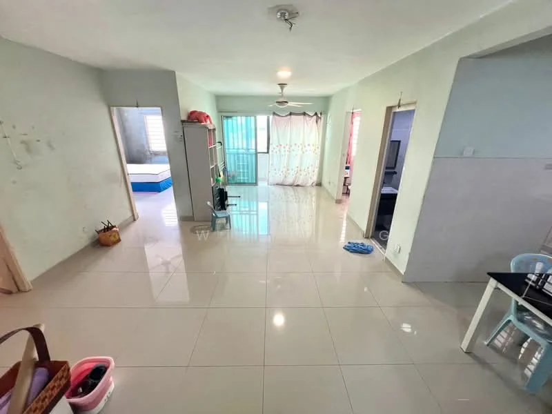 Room features: white painted walls, glossy ceramic tile flooring, ceiling fan, sliding glass door, curtains, open layout, natural light from windows, doorways leading to other rooms; style: modern.