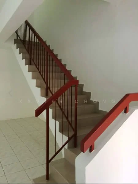 Room features: staircase with beige steps, red handrail, white painted walls, ceramic tile flooring, open space at the bottom of the stairs; style: modern.