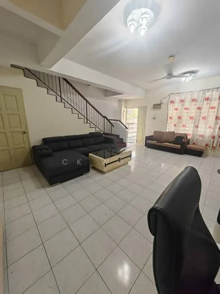 Living features: 3-seater fabric sofa in black, 2-seater fabric sofa in brown, glass coffee table, white tiled flooring, ceiling fan, recessed downlights, curtains with floral pattern, staircase with metal railing, wall-mounted TV, decorative wall art; style: modern.