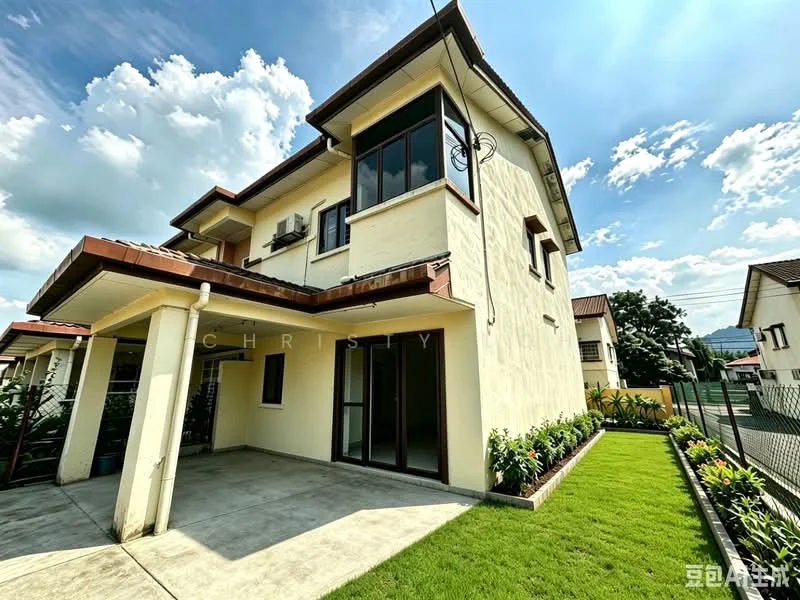 Exterior type: semi-detached house; features: cream painted facade, flat roof, 2-storey, manicured lawn, paved walkway, windows with grilles, air conditioning units visible, surrounded by greenery, fenced yard, outdoor patio area; style: modern.