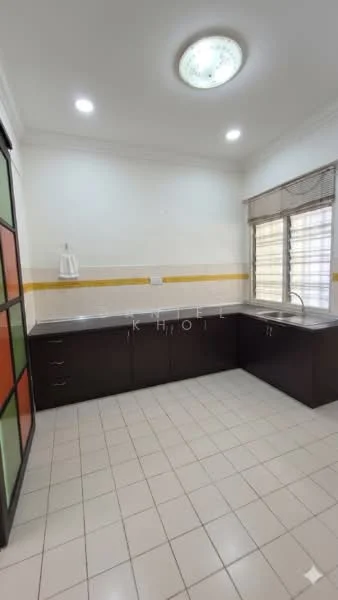Kitchen features: L-shaped countertop, stainless-steel sink, chrome pull-down faucet, dark wood cabinetry, white tiled backsplash, white walls, recessed downlights, window with sheer curtains, ceramic tile flooring, yellow accent stripe on wall; style: modern.
