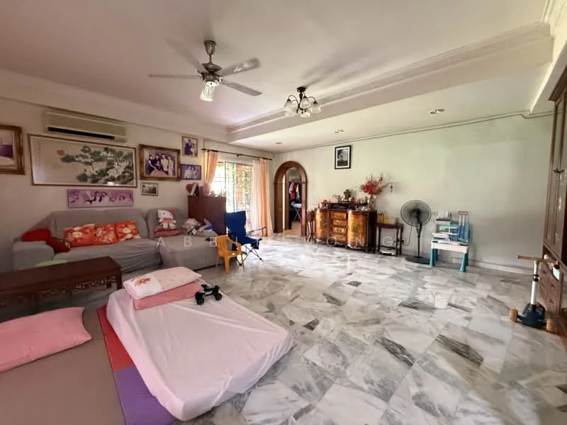 Living features: marble flooring, white painted walls, tray ceiling, 5-blade ceiling fan, wall-mounted air conditioning unit, sofa with floral pattern, wooden side table, wooden cabinet, decorative wall art, large window with curtains, folding chair, mattress on the floor; style: traditional.