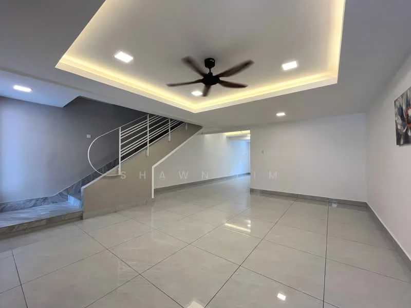Room features: polished ceramic tile flooring, white painted walls, tray ceiling with recessed lighting, 5-blade ceiling fan, staircase with metal railing, large open space, natural light from windows, neutral color palette; style: modern.