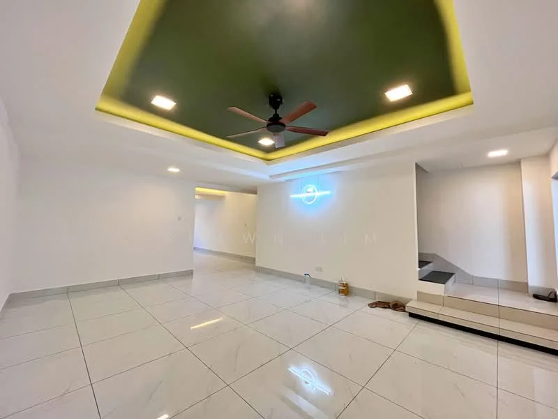 Living features: white painted walls, green accent ceiling, recessed downlights, 5-blade ceiling fan, large format glossy tile flooring, open layout, staircase leading to another level, neon wall sign, corner for potential furniture placement; style: modern.