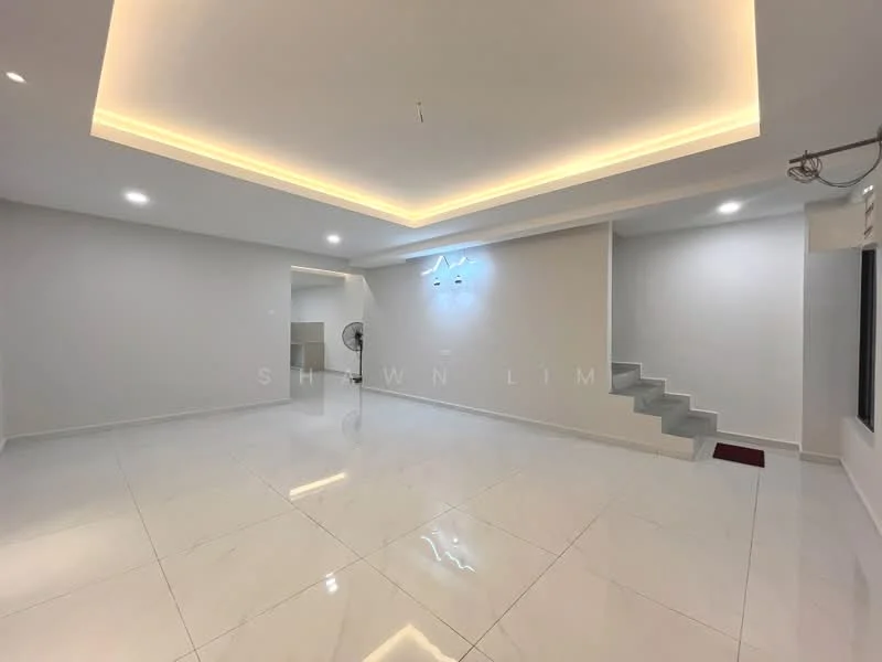 Room features: white painted walls, glossy marble tile flooring, tray ceiling with recessed lighting, ceiling fan, staircase leading to upper level, large windows for natural light, minimalist decor, open layout; style: modern.