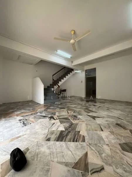 Room features: marble flooring, white painted walls, ceiling fan, staircase, natural light from windows, open layout, high ceiling, no visible furniture; style: modern.
