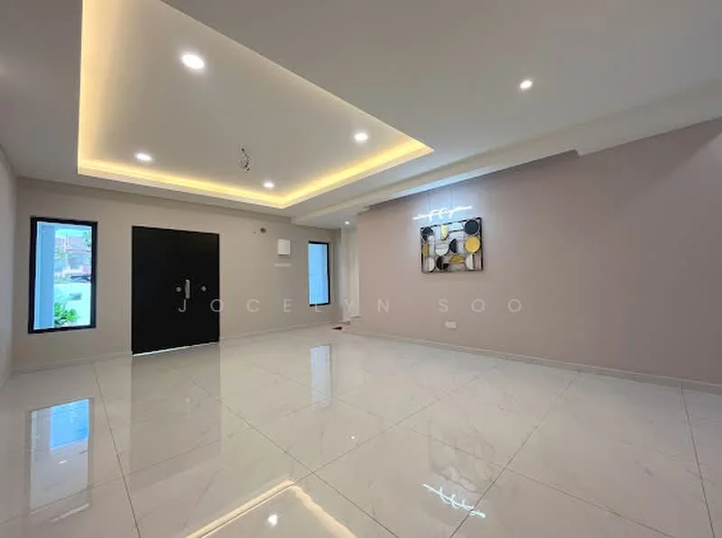 Living features: white painted walls, tray ceiling with recessed lighting, marble tile flooring, floor-to-ceiling windows, black front door, LED wall art, air conditioning unit, crown moulding; style: modern.