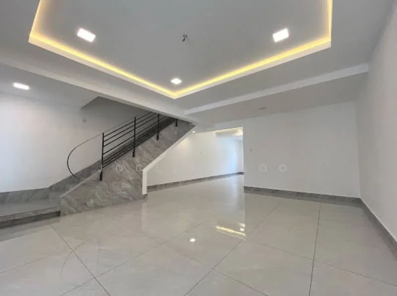 Room features: white painted walls, glossy tile flooring, recessed LED downlights, tray ceiling with LED lighting, staircase with metal railing, open layout, large windows for natural light, neutral color scheme; style: modern.