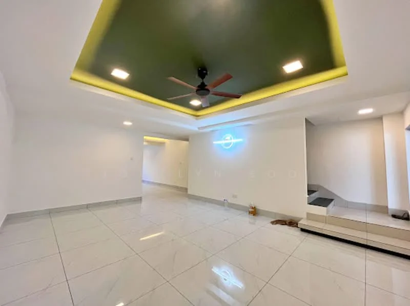 Living features: white painted walls, glossy marble tile flooring, tray ceiling with green accent, 5-blade ceiling fan with light, recessed downlights, LED wall light, open layout, corner with steps leading to another area; style: modern.