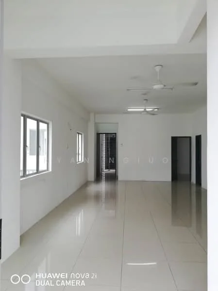 Room features: white painted walls, polished ceramic tile flooring, 2 ceiling fans, large windows, doorway leading to another room, open layout; style: modern.