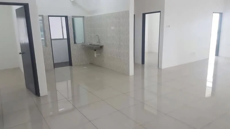 Room features: glossy tile flooring, white painted walls, high ceiling, single-bowl stainless-steel sink, grey tiled backsplash, window with glass panel, door with handle, open layout; style: modern.