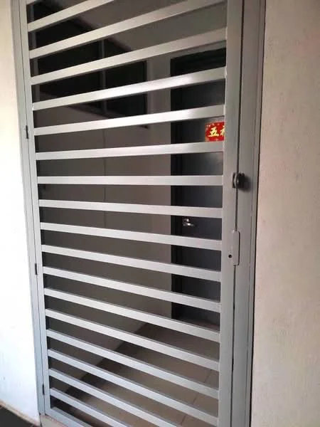 Exterior features: metal security gate with horizontal slats, grey painted finish, door with handle, tiled flooring, wall with light-colored finish; style: modern.