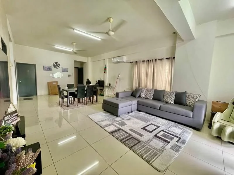 Living features: 3-seater fabric sofa in grey, area rug with geometric pattern, coffee table, wall-mounted TV, dining table for 6, ceiling fan, recessed downlights, white painted walls, glossy tile flooring, curtains, air conditioning unit, decorative wall clock; style: modern.