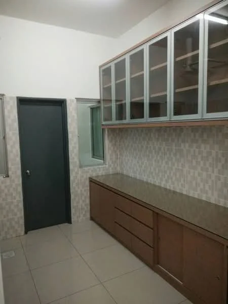 Laundry features: light-colored tiled flooring, brown wooden cabinetry with glass-front upper cabinets, grey countertop, white tiled walls with mosaic pattern, single window, door leading to another room; style: modern.