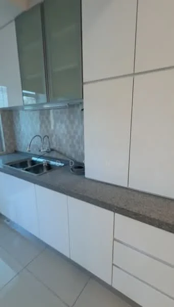 Kitchen features: white flat-panel cabinets, grey granite countertop, double-bowl stainless-steel sink, chrome pull-down faucet, glass tile backsplash with geometric pattern, built-in oven, ceramic tile flooring, recessed downlights; style: modern.