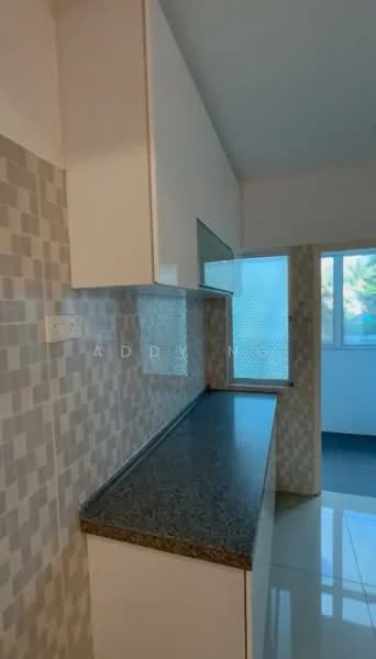 Kitchen features: granite countertop, white cabinetry, mosaic tile backsplash, floor-to-ceiling window, sliding glass door, glossy tile flooring, under-cabinet lighting; style: modern; view: garden.