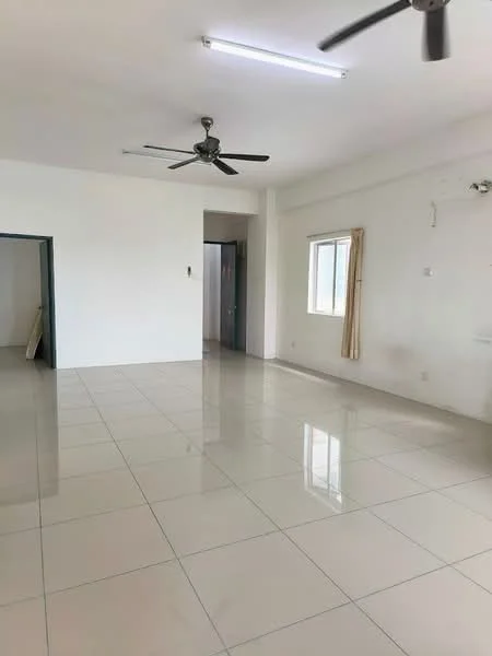 Living features: white painted walls, glossy ceramic tile flooring, 2 ceiling fans, large window with sheer curtains, neutral colour scheme, recessed lighting, open layout, no visible furniture; style: modern.