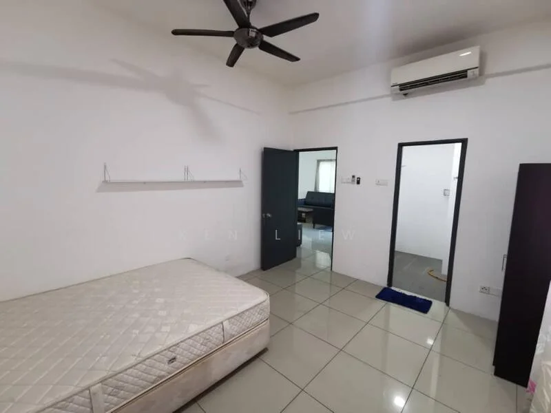 Room features: white painted walls, glossy tile flooring, 5-blade ceiling fan, wall-mounted split AC, single bed, shelf mounted on wall, dark-colored door, light-colored door frame, blue bath mat, window with no visible treatment; style: modern.