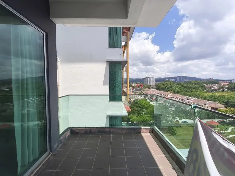 Room features: glass balcony railing, grey tiled flooring, green curtains, city view, outdoor space; view: city.