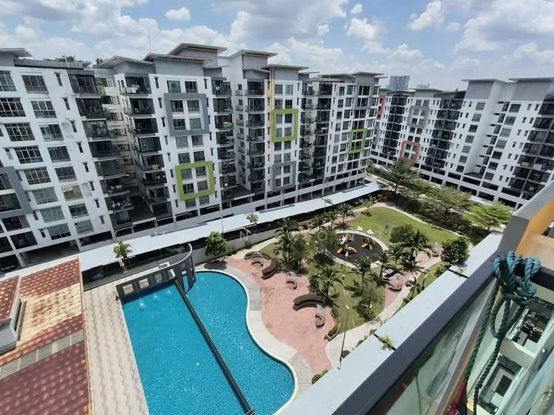 Exterior type: mid-rise condominium; features: swimming pool with curved edge, pool deck with loungers, landscape garden with playground, manicured lawn, mature trees, surrounding residential buildings, open-air walkway, children's playground, outdoor seating area; style: modern.